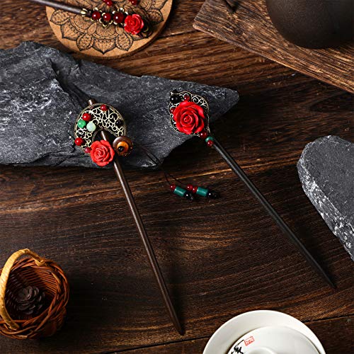 3 Pieces Chinese Hair Stick Japanese Retro Wooden Hairpin Flower Hair Chopsticks Handmade Classic Geisha Hair Accessories for Long Hair
