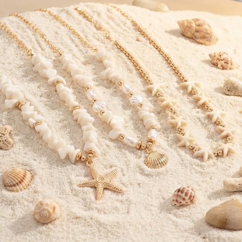 Shell Starfish Necklace for Women, Gold Plated Boho Layered Pendant Necklace with Pearl Conch Charm, Dainty Coastal Summer Beach Vacation Jewelry Gifts - style: Crush Shell&Starfish 3Pcs