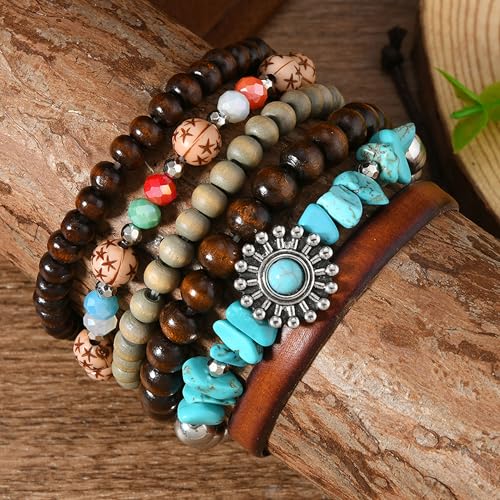 Long tiantian Western Turquoise Beaded Bracelet Set for Women Stackable Cowgirl Bracelets Boho Concho Jewelry Country Concert Rodeo Outfit Accessories Gifts - color: E4:western wooden dress