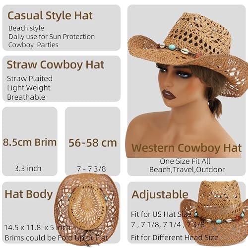 Straw Cowboy Hat for Women and Men with Shapeable Wide Brim Sun Beach Western Cowgirl Hat - color: Khaki-m