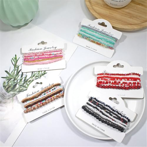 Boho Stackable Rice Beaded Bracelet Set for Women 8-10Pcs Colorful Handmade Multilayered Crystal Beads Bracelets Summer Beach Bohemian Jewelry Gift - color: B Brown