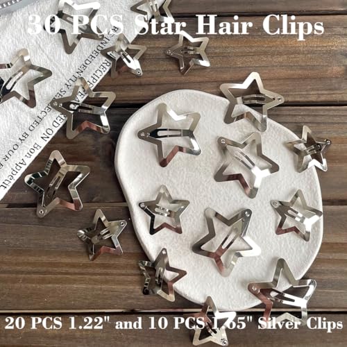 30 PCS Star Hair Clips,20PCS 1.22"Clip and 10 PCS 1.65"Clips Snap Star Hair Accessories Non Slip Clips for Girls Women Y2K Accessories - color: 1.22" 1.65"Silver (30PCS)