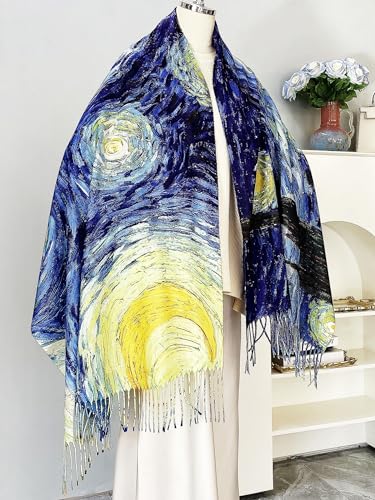VENVSBEE Reversible Scarf Soft Large Shawl Wrap Blanket Double Sided Art Print Warm Pashmina Stoles Klimt Van Gogh Gifts - color: Art 21