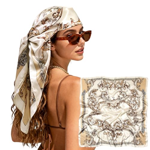 Large Square Head Scarf Bandana - 35" Satin Hair Scarf for Women Like Silk Scarf Fashion Hair Wrapping - color: Baroque Scroll(ivory Gold), size: 35IN*35IN