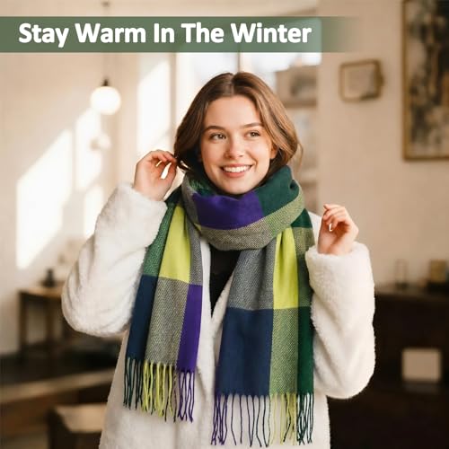 Loritta Womens Scarf Fashion Long Plaid Shawls Wraps Big Grid Winter Warm Lattice Large Scarves Gifts - color: D-blue Green Lattice