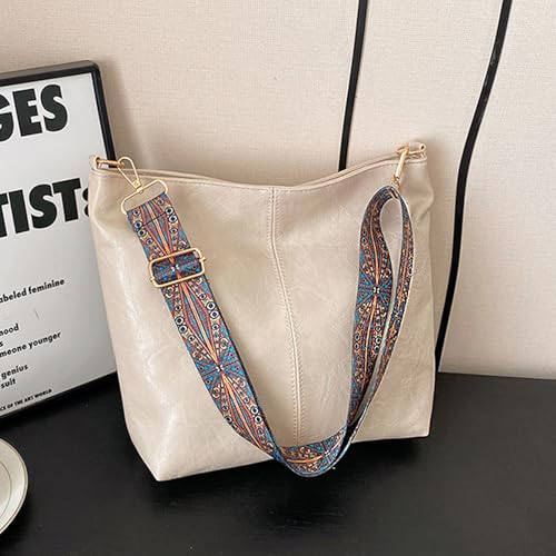 Hobo Bags for Women Crossbody Bag Guitar Strap Purse Vegan Leather Shoulder Handbags Boho Purses Tote Bucket Bag - color: Beige