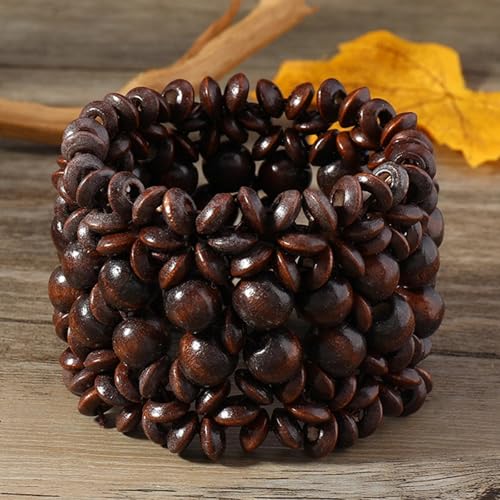 Boho Wide Chunky Colorful Wooden Thick Shell Elastic Stretch Bracelet Handmade Bohemia Summer Beach Vacation Adjustable Lightweight Wood Wristband Jewelry for Women - color: brown 1