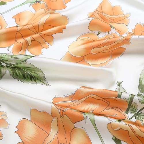 Stlvoll 27.5" Silk Neck Scarf of Women's Fashion Head Scarf Square Neck Satin Scarfs for Bag Hair Scarves Gift - color: Flower/Orange