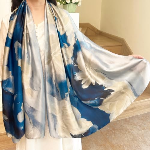 Long Silk Like Scarf Lightweight Satin Scarves Large Sunscreen Shawl Wrap for Women - color: 015.flowers White and Blue
