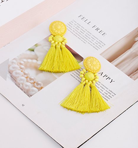 boderier Bohemian Statement Thread Tassel Chandelier Drop Dangle Earrings with Cassandra Button Stud - color: Yellow