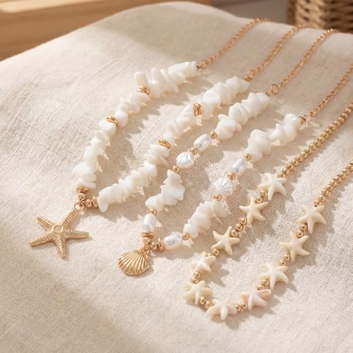 Shell Starfish Necklace for Women, Gold Plated Boho Layered Pendant Necklace with Pearl Conch Charm, Dainty Coastal Summer Beach Vacation Jewelry Gifts - style: Crush Shell&Starfish 3Pcs