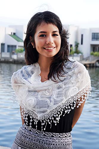 Cindy & Wendy Floral Embroidered Lace Triangle Scarf for Women - color: White