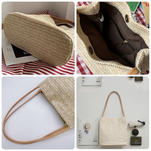 Aphoraeny Straw Beach Bag Buckets Totes Handbag Shoulder Tote Bag Straw Purse Summer Purse Women Summer Handbag - color: A-dark Beige
