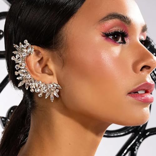 Rhinestone Silver Full Ear Cuff Earrings for Women Ear Clip Wrap Statement Climber Crawler Earrings for Women Hypoallergenic Silver Wedding Jewelry Gifts - color: Gold Right