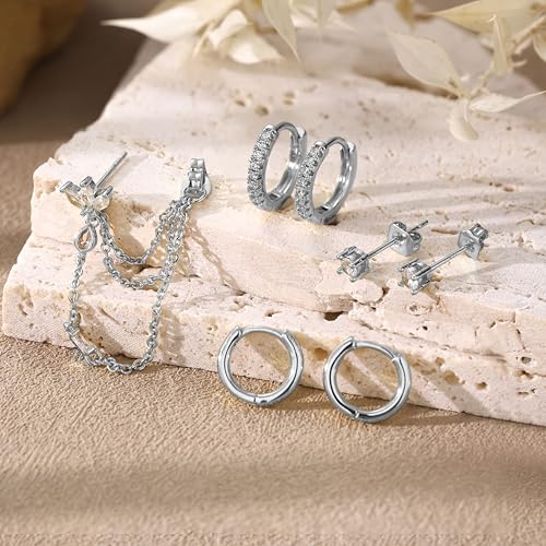 7Pcs Earring Stacks Cartilage Helix Flat Back Hoop Set For Women Stud Small Huggie Chain Multiple Piercing 14K Gold Plated Jewelry Triple Cubic Zirconia - color: Silver, size: Butterfly