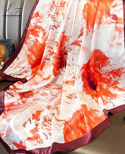 Hioyiwse Head Scarf For Women Hair Bandana 35" Large Square Satin Wrap Sleeping Neck Silk Satin Hair Scarves Lightweight - color: F28-orange Painting（35*35inch）