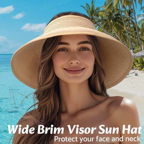 NPQQUAN Sun Visor Hats for Women Wide Brim Ponytail Straw Beach Hat Packable Foldable UPF 50+ Floppy Travel Hats - color: (Beige)), style: Classic