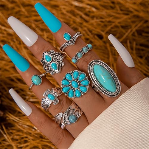 Bohemian Joint Knuckle Rings Set for Women,Vintage Boho Turquoise Stackable Rings Chunky Retro Turquoise Midi Finger Ring Statement Western Jewelry - style: Style B