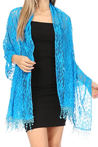 Sakkas Mari Women's Large Lightweight Soft Lace Scarf Wrap Shawl Floral and Fringe - color: Style3-blue