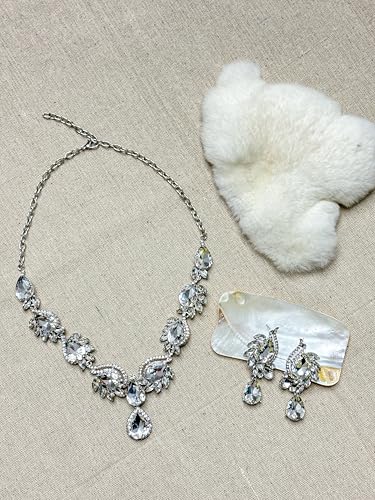 Women Jewelry Set Rhinestone Crystal Bride Statement Choker Necklace Teardrop Cluster Dangle Earrings Set for Wedding Prom Party - color: Silver