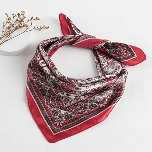 QBSM Womens 23.6 inch Satin Silk Feeling Formal Square Neck Scarf Head Hair Wraps Kerchief - color: Cashew Flowers-red
