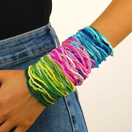 17pcs Bohemian Stackable Multilayer Elastic Bracelets - Handmade Seed Beaded Jewelry for Women & Girls - color: 30Pcs Pink