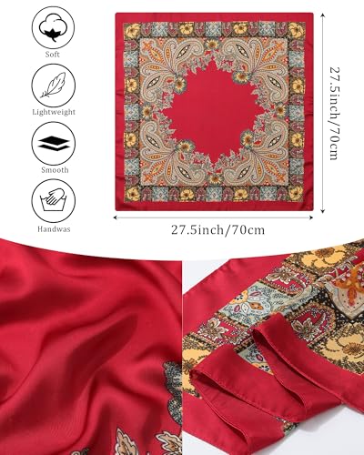 AWAYTR 27.5” Silk Satin Square Head Scarf - 4PCS Satin Head Scarves for Women Hair Kerchief Bandanas Sleeping Head Wraps - color: Cashew(red/Black/Camel/White)
