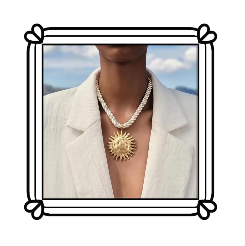 Exquisite Gold Sun Pendant Beige Rope Necklace - Retro Round Coin Necklace - Ladies