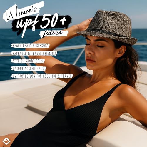Funky Junque Straw Fedora Hats for Women - UPF 50+ Sun Hat, Short Brim Packable Beach Hat with Woven Pattern - color: Black Multi W/ Beaded Ropes