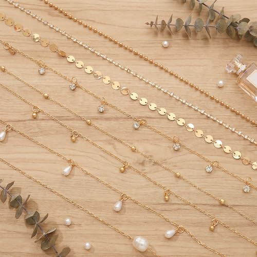 8Pcs Gold Waist Chain Set for Women Sexy Belly Body Chains Pearl Sequin Snake Bead Chains Belt Beach Bikini Jewelry Accessories Set Adjustable for Summer Beach Holiday Party - color: Set 1