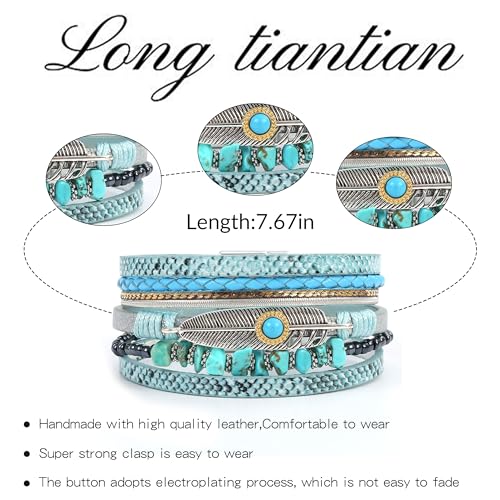 Long tiantian Boho Leather Wrap Bracelets Western Bracelets for Women Stackable Starfish Crystal Pearl Turquoise Leather Bracelet With Clasp Jewelry Gifts Boho Dresses - color: A4:GREEN Bracelet