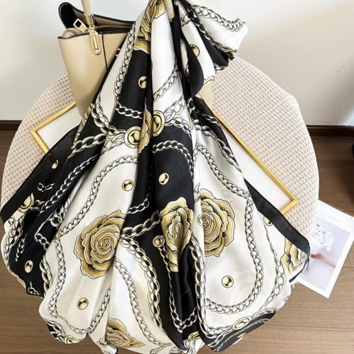 Long Silk Like Scarf Lightweight Satin Scarves Large Sunscreen Shawl Wrap for Women - color: 018.chains and Flowers Black