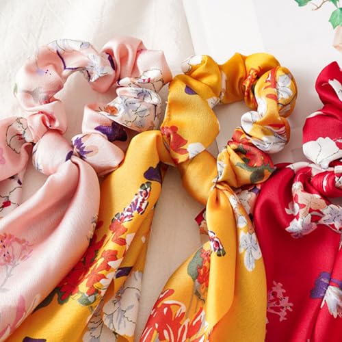 Boho Hair Scarf Scrunchies, 12” Floral Satin Bow Ties Long Bandana, French-Inspired Cheetah Ribbon Ponytail Holder Hair Accessories (Floral, 4 Pack) - color: Floral