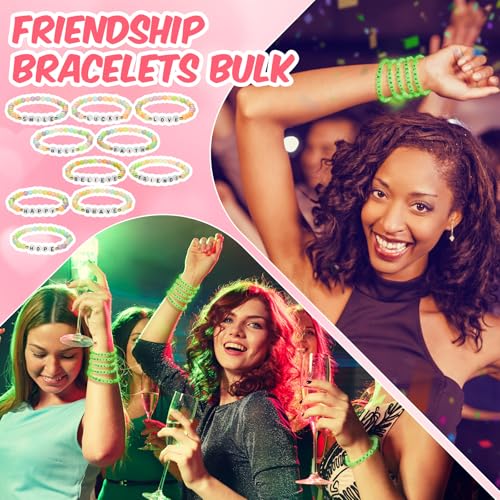 Hoteam 100 Pcs Beaded Friendship Bracelets Bulk Colorful Glow in The Dark Inspired Letter Bracelets Y2k Stretchy Preppy Adjustable Jewelry for Music Lovers Fans Women Party Favor Gifts Sleepover Party
