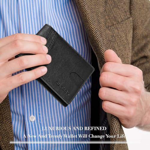 RUNBOX Wallet for Men -Slim Rfid Leather Mens Bifold Novelty Wallets 2 ID Window With Gift Box Men's Accessories | Slim - color: Black-Vegetable tanned leather