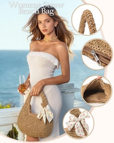 fauson Beach Bags for Women - Handmade Straw Clutch Purses for Women Handbag Zip Closure Tote Bag Lightweight - color: Handbag Brown Bag