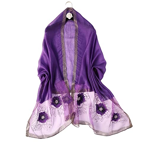 WINCESS YU Women Mulberry Silk Scarf Long & Large Embroidered Floral Pattern Shawl and Wraps Neckerchief for Hair & Neck - color: Purple