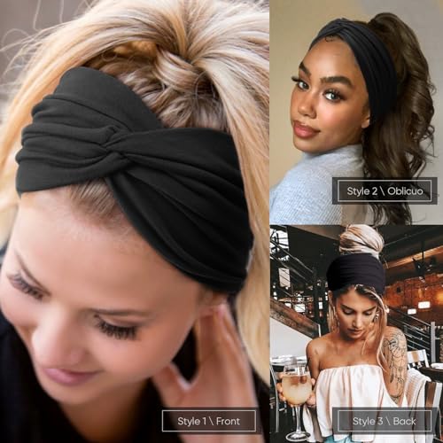 AQOKKA Extra Wide Headbands for Women Large Turban Headband Non Slip Boho Elastic Hairband Hair Twisted Knot Head Bands Accessories - color: 4 Pcs E: Plain Black