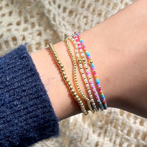 14K Gold Plated Beaded Bracelets Stack Set for Women,Stretch Boho Colorful Beads Ball Jewelry Friendship Summer Trendy - color: Pink