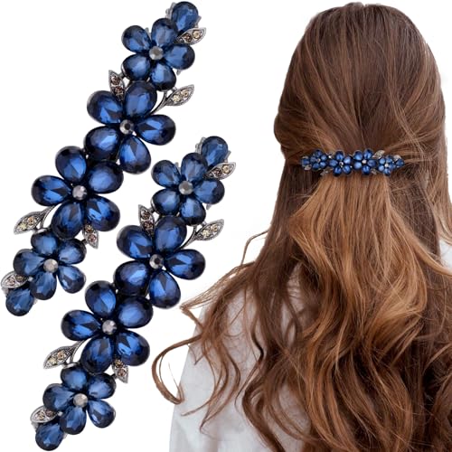 Joez Wonderful Rhinestone Hair Clip Sparkly Crystal Barrettes French Wedding Prom Engagement Pageant First Communion Hair Decorative Accessories for Women Long Hair (Flower Blue, 2 Pcs) - color: Flower Blue