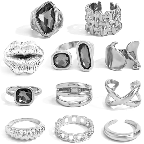 CHICUTIE Silver Kunckle Rings Set for Women, Stackable Chunky Crystal Finger Midi Stacking Rings, Dainty Black Cubic Zirconia Statement Thumb Knuckle Rings Pack Jewelry Gift