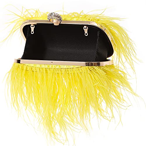 Women Real Natural Ostrich Feather Evening Bags Purses Clutch Vintage Banquet Handbag - color: Yellow