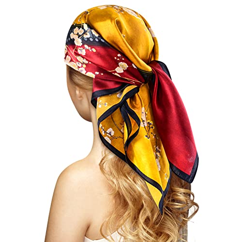 Stlvoll 100% Silk Head Scarf for Women - 27" Hair Scarves Satin Bandanas Square for Night Sleeping with Gift Packed - color: Red/Yellow/Flower