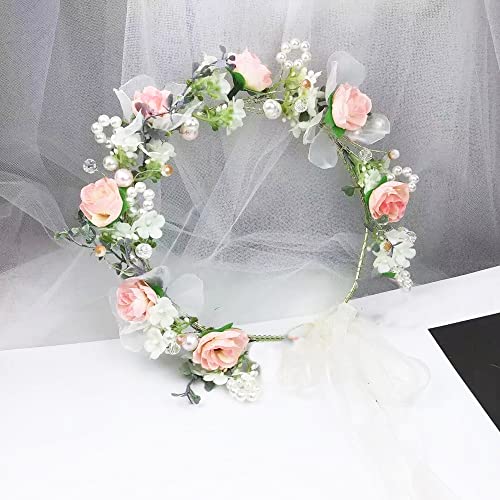 Vivivalue Floral Halo Boho Flower Headband Floral Crown Headpiece Hair Wreath with Ribbon Wedding Party Prom Photos Festival Pink - color: I