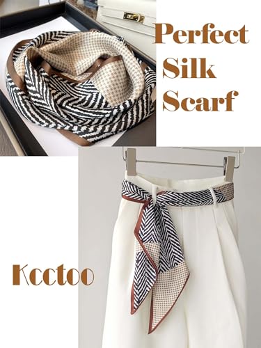 kcctoo 59" Mulberry Silk Like Head Scarf Women's Fashion Square Neck Satin Scarfs for Bag Hair Scarves Gift 59 * 5.9” - color: B003-brown Border Check