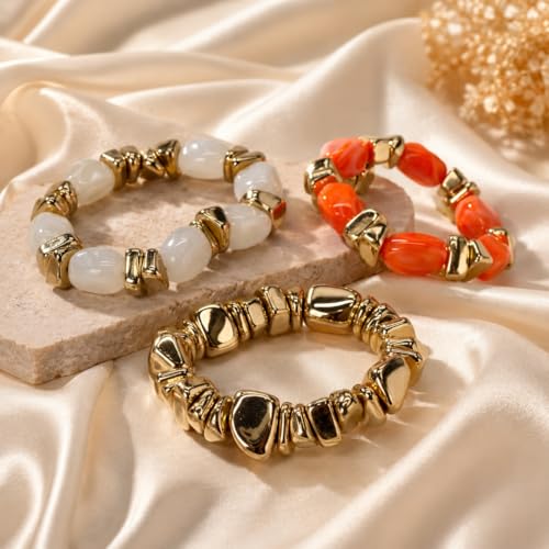 Gold Bracelet Stack For Women, 3Pcs Jade Vintage Chunky Stackable Stretch Boho Western Adjustable Bracelet Stacks Statement Dainty Tarnish Free Waterproof Jewelry Gift - color: Unique-Orange