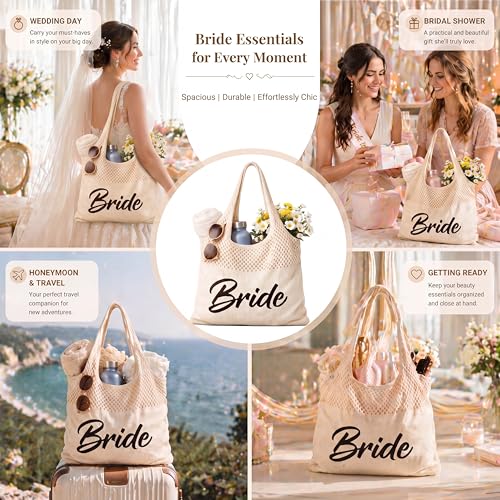 Shinylin Personalized Crochet Tote Bag for Beach Women Beige Mesh Knit Shoulder Bag Boho Aesthetic Tote for Women - style: Bride
