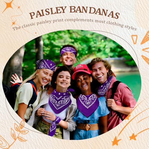 50 Pcs Bandanas Bulk Large Bandana Headband Paisley Cowboy Bandana Scarf Handkerchief for Women Men - color: Purple