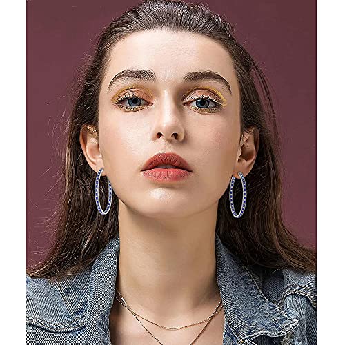 CiNily Mult-colors Crystal Stainless Steel Hoop Earring for Women Hypoallergenic Jewelry for Sensitive Ears Large Big Hoop Earrings 2" - color: Blue & White