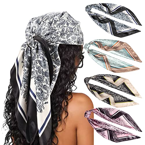 DRESHOW 35” Large Square Satin Head Scarf - 4Pcs Silk Accessories Classic Patterned Squares Beach Bandanas for Women - color: 4 Pcs: Black, Camel, Light Pink, Light Green